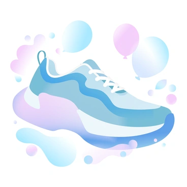 A vibrant sneaker with a unique sole designed to resemble a colorful balloon. The sneaker has a sleek upper made of breathable material, showcasing a mix of bright colors. The sole is oversized, featuring a glossy, inflated texture that simulates the look of a balloon. Surrounding the sneaker are floating balloons in various sizes and colors, creating a playful atmosphere. In the background, there are soft gradient pastel colors blending harmoniously, enhancing the lively feel of the advertisement.