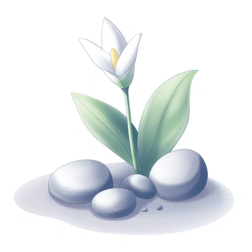 A small peace lily with broad, glossy green leaves is positioned prominently in a zen garden. The delicate white flowers rise gracefully from the center of the plant, adding a soft focal point. Surrounding the peace lily are smooth, rounded stones of various sizes, placed strategically to create a harmonious composition. The ground is composed of a fine layer of raked sand, which adds texture and contrast to the scene, emphasizing the tranquility of the garden.