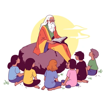 An elder with a long white beard and gentle eyes is sitting on a large, weathered rock, surrounded by a group of children. The elder is wearing a vibrant robe that flows down to the ground, and he holds a small, open book in his lap. The children, wearing colorful clothing, are sitting cross-legged on the grass, looking up at the elder with wide eyes. Some children have their hands resting on their knees, while others lean forward, eager to listen. The sun is setting behind them, casting warm light over the scene and creating a soothing atmosphere.