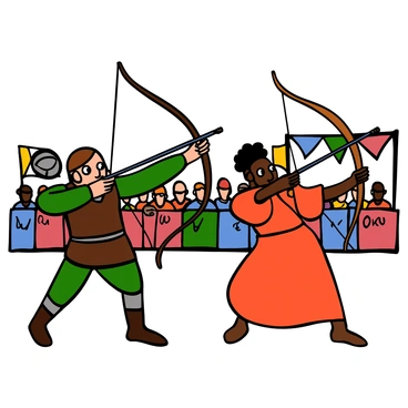 Participants in historical costumes demonstrating crossbow techniques at a festival.