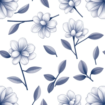 A seamless floral pattern filled with intricate gardenias, each flower displaying detailed petals with overlapping layers. Surrounding the gardenias are elongated leaves, featuring distinct vein patterns and varying shapes. The composition is repetitive, creating a continuous flow of floral elements that interweave gracefully, emphasizing the organic structure of the gardenias and leaves. The overall scene presents a harmonious arrangement, highlighting the beauty of nature's designs.