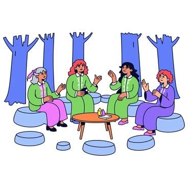 A gathering of three wise witches in a sacred forest glade surrounded by tall, ancient trees. The witches are wearing long, flowing robes in shades of green and purple, adorned with silver embroidery. One witch has gray hair tied in a bun, while another has long, wavy black hair, and the third has short, curly red hair. They are seated on large, flat stones arranged in a circle. In the center of the circle, there is a small wooden table with an open spellbook and a glowing crystal. The atmosphere is filled with a sense of mystique as the witches engage in animated discussions, their hands gesturing expressively.
