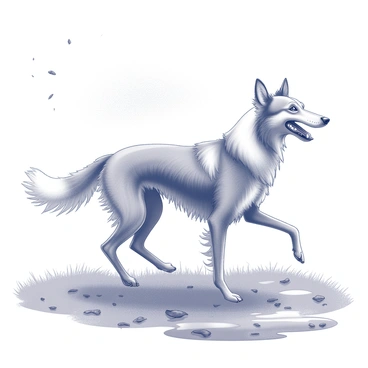 A borzoi stands in a grassy area, with droplets of water flying off its coat. The dog is captured mid-motion, with its long, elegant body slightly bent as it shakes its head vigorously. The fur, wet and tousled, gives a sense of the recent rainfall. In the background, puddles of water reflect the sky and scattered fallen leaves from nearby trees. The expression on the borzoi's face is one of joy and playfulness, with its ears flopping backward and its eyes bright. The overall scene conveys a sense of energy and movement.