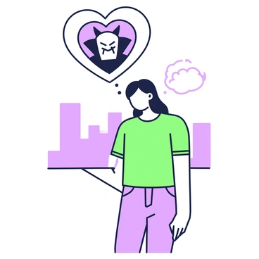 A character with medium-length hair is standing with a contemplative expression. They are wearing a casual outfit consisting of a t-shirt and jeans. Above their head, there is a heart-shaped thought bubble that contains the image of a villain with a frown, dressed in dark attire with a distinctive cape. The character's posture is slightly slumped, indicating a feeling of empathy. In the background, there are faint outlines of a cityscape, suggesting the setting where the character reflects on their emotions.
