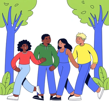 A group of four friends of different races walking together through a forest. The first friend is a woman with curly black hair wearing a red t-shirt. The second friend is a man with short brown hair in a green hoodie. The third friend is a woman with long straight black hair wearing a blue tank top. The fourth friend is a man with curly blonde hair in a yellow t-shirt. Sunlight filters through the leaves, creating dappled patterns on the forest floor. They are smiling and chatting, surrounded by tall trees and green foliage.