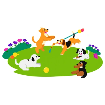 A group of five playful puppies of various breeds are frolicking in a lush green garden. One puppy, a golden retriever, is jumping joyfully with its ears flopped back. A spotted beagle is playfully tugging on a colorful rope toy held by a small brown dachshund. Nearby, a fluffy white fluffy puppy is rolling on the grass, while a black-and-tan puppy watches curiously. The garden is filled with vibrant flowers in various colors, and a bright yellow ball lies nearby, adding to the lively atmosphere.