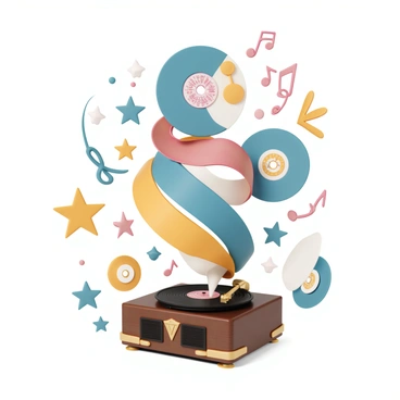 A vintage record player, with a polished wooden finish and brass accents, is positioned at the center of the image. Colorful vinyl records, in various shades of blue, red, yellow, and green, are cascading out of the player, forming a spiral that flows outward. Each record features intricate label designs. The background is filled with vibrant music-themed elements, such as musical notes, abstract shapes, and bright splashes of color, enhancing the lively atmosphere. The overall composition captures the joyful essence of music and creativity.