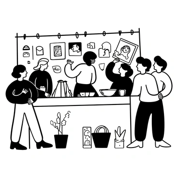 An illustration lecturer standing behind a table at a local art fair booth, surrounded by students showcasing their artworks. The booth is filled with various pieces of art, including drawings, sketches, and small sculptures. Some students are actively engaging with visitors, explaining their work. The lecturer is gesturing towards one of the artworks, while another student is adjusting a framed piece for better visibility. There are different art supplies scattered on the table and a few brochures about the art program.