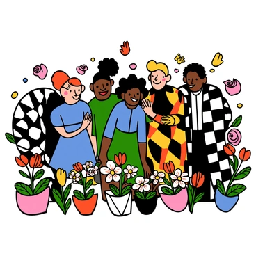 A group of diverse guests at a garden party wearing colorful arlequin-inspired attire with diamond patterns. There are three women, one with light skin and red hair wearing a fitted dress with black and white diamonds, another with medium skin and curly dark hair wearing a vibrant blue and green outfit, and a third with dark skin and straight black hair in a multicolored gown featuring yellow and pink diamonds. Among them are two men, one with light skin and short blonde hair in a jacket adorned with red and black diamond shapes, and another with medium skin and long curly hair in a black and white checkered suit. They are joyfully interacting and laughing, surrounded by a variety of blooming flowers in vibrant colors, including roses, daisies, and tulips, creating a lively and festive atmosphere.