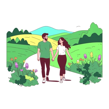 A couple is walking hand in hand along a winding path that meanders through a picturesque countryside. On each side of the path, there are lush green fields dotted with colorful wildflowers. In the background, rolling hills rise gently, creating a serene landscape. The couple is wearing casual, comfortable clothing, and they appear to be enjoying each other's company. The sun casts soft shadows on the path, enhancing the tranquil atmosphere of the scene.