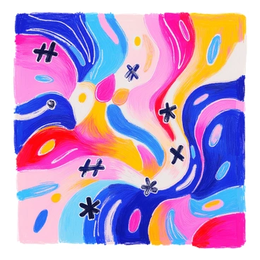 A composition features vibrant swirls of color that blend and intertwine throughout the image. The swirls are in rich hues of blue, red, and yellow, creating a dynamic visual flow. Scattered amidst the swirls are distinct "hashtag" motifs in bold black, standing out against the colorful background. The overall arrangement draws the eye through the different elements, creating a sense of movement and energy.