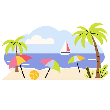 A tropical beach scene featuring a sandy shore lined with tall, green palm trees swaying gently. The clear blue waters are calm, lapping softly at the shore. A few colorful beach umbrellas are placed on the sand, and a bright yellow beach ball is nestled in the sand nearby. In the distance, a sailboat glides across the water under a bright blue sky dotted with fluffy white clouds.