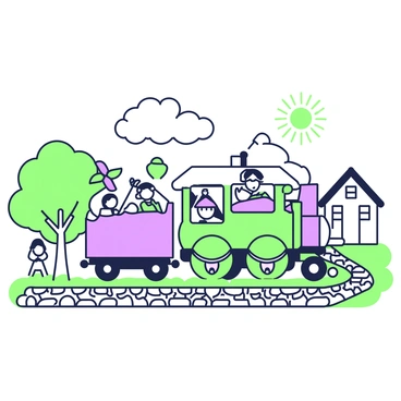 A toy train is moving along a narrow track through a tiny village. The train consists of multiple colorful cars, each one filled with pinwheels that spin in the wind. The village features small, quaint houses with roofs and windows. A cobblestone pathway runs alongside the track, where a few villagers can be seen waving at the train. Lush green trees border the village, providing shade, and a bright sun is visible in the sky above.