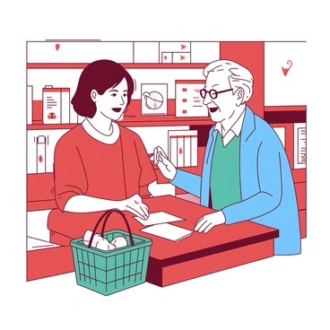 A red shop assistant with short hair is standing behind a wooden counter, assisting an elderly customer. The elderly customer, wearing a blue cardigan and glasses, is smiling back at the assistant. Various products are neatly arranged on the shelves behind the counter, and a teal shopping basket is resting on the counter's edge. The shop's warm atmosphere is enriched by the friendly interaction between the two characters.