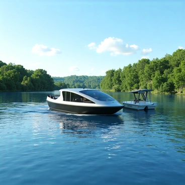 A solar-powered barge with a sleek, modern design is gliding smoothly across a clear blue river. The barge is equipped with solar panels on its roof, reflecting sunlight. Surrounding the barge, the river’s surface sparkles in the sunlight, creating ripples as it moves. Lush green trees line the riverbanks, and the sky above is bright blue with a few fluffy white clouds. The scene conveys a sense of tranquility in nature as the barge navigates the serene waters.