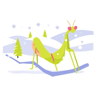 An orchid mantis with vibrant green and pink coloration is perched on a white snow-covered branch. The mantis has delicate, elongated limbs and large, expressive eyes that glisten with curiosity. Snowflakes of various sizes are gently falling around it, creating a serene atmosphere. The background features rolling hills blanketed in pristine white snow, with a few scattered evergreen trees standing tall. The ground is a smooth expanse of glistening snow, reflecting soft light. The overall image conveys a sense of tranquility and exploration in a winter wonderland.