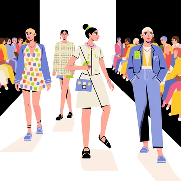 A fashion show set in a sleek, modern venue with bright lighting. Models walk down the runway, showcasing innovative outfits made entirely from recycled materials. One model wears a dress crafted from colorful plastic bottle caps, while another sports a jacket made from repurposed denim and fabric scraps. Accessories include necklaces formed from old CDs and bags created from used newspapers. The audience watches intently, with expressions of admiration and intrigue on their faces, as each model elegantly exhibits their unique, eco-friendly look.