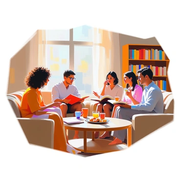A group of five book club members is gathered in a cozy living room, engaged in a lively discussion about a novel. The members include two women and three men, seated comfortably on plush couches and armchairs. One woman with curly brown hair is holding an open book and emphasizing a point. A man with glasses is listening intently while taking notes on a notepad. Another woman with straight black hair is sipping tea from a colorful mug. The room is warmly lit, featuring a large bookshelf filled with various books and a coffee table adorned with snacks and drinks. A window with soft curtains allows natural light to filter in, creating an inviting atmosphere.