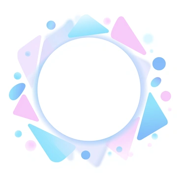 A circular shape is prominently featured in the center of the image, with a gradient of vibrant colors radiating outward. Surrounding the circle are various geometric shapes, including triangles and rectangles, all filled with bright, contrasting hues. The overall composition is dynamic, with shapes overlapping and creating depth. The arrangement draws attention to the central circle while the background remains a smooth blend of colors.