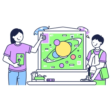 A student is standing beside a display table at a school science fair, proudly presenting a solar system model. The model features accurately sized planets arranged in a circular formation around a central yellow sun. The student, wearing a blue t-shirt and jeans, is smiling and pointing towards the model with one hand while holding a cue card in the other hand. On the table, there are labels for each planet, and a colorful backdrop displays various space-themed decorations, such as stars and a rocket. In the background, other students and parents are observing the displays.