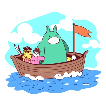 A teal Moomintroll stands confidently at the bow of a makeshift ship crafted from wooden planks and colorful fabric. Surrounding Moomintroll are three friends: a yellow Snufkin wearing a small pirate hat, a pink Little My holding a wooden sword, and a white Snorkmaiden with an eyepatch. The ship is adorned with a vibrant orange flag fluttering in the breeze. In the background, there are playful waves splashing against the ship's sides, and a bright blue sky overhead with fluffy white clouds drifting by. The friends are all engaged in their pirate role-play, with expressions of joy and excitement on their faces.