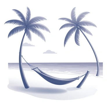 A hammock is suspended between two tall palm trees. The palm trees have long, curved trunks with lush, fan-shaped fronds that sway gently in the breeze. The beach features fine sand that stretches out towards the crystal-clear water of the ocean. Small waves lap against the shore. In the background, a few distant clouds float in the sky, adding depth to the scene. The hammock appears to be woven with sturdy fabric, inviting relaxation.