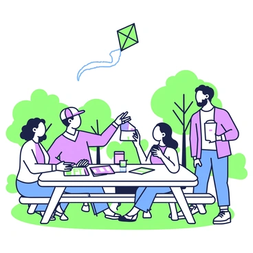 A committee of five people is gathered around a picnic table in a park, discussing plans for a community festival. One person, a man with glasses, is pointing at a colorful brochure spread out on the table. A woman with curly hair is taking notes on a notepad, while another member, wearing a baseball cap, is holding a smartphone and looking up information. The fourth person, a woman with long hair, is holding a cup of coffee and listening intently. The fifth member, a man with a beard, is drawing a diagram on a piece of paper. In the background, there are trees with lush foliage and a few benches. A kite flies high in the clear sky above them.