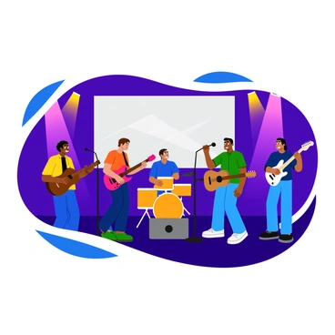 A band performing worship music on stage with five musicians playing different instruments. The lead singer is positioned at the front with a mic stand, while a guitarist, drummer, and keyboard player provide support. The stage is illuminated by vibrant and colorful stage lights, creating an energetic atmosphere. The background features a large screen displaying abstract visuals that complement the music. Each musician is focused and engaged, creating a sense of unity and connection with the audience.