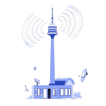 A television broadcasting station is positioned on a tall tower. The tower is equipped with large antennas that extend outward. Above the tower, electromagnetic waves are depicted radiating outward in a series of concentric arcs. The station features a building at its base with large windows displaying numerous equipment. Surrounding the tower, there are several satellite dishes pointed skyward. The scene captures the dynamic transmission of signals from the station, emphasizing the flow of the electromagnetic waves.