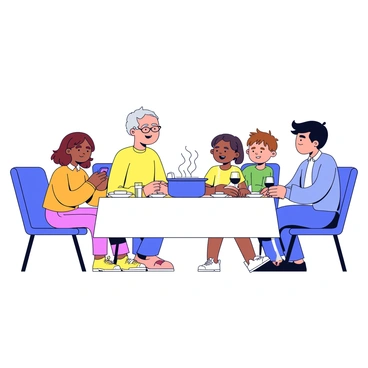 A dining table set for dinner with four chairs around it. On the table is a white tablecloth with plates, forks, and glasses. A steaming pot of food sits in the center. One family member, a young woman with brown hair, is sitting at the table looking at her phone held under the table. The other family members, an older man and two children, are engaged in conversation, smiling at each other. The room has warm lighting, creating a cozy atmosphere.