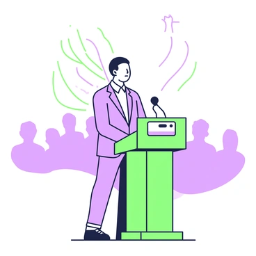 A politician stands confidently at a podium during a speech. The politician is wearing a sharp suit and has a determined expression on their face. Behind them, several strings are attached to their back, leading upward into the air, implying a connection to unseen hands above. The podium is adorned with a small name plate, while in the background, blurred silhouettes of an audience can be seen, focused on the speaker. The setting is illuminated with a soft light, highlighting the politician's stance.