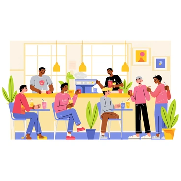 A bustling urban cafe scene filled with people engaging in lively conversations. A variety of customers are sitting at small round tables, some sipping bright red coffee cups while others enjoy tall glasses of iced drinks with colorful straws. A barista is behind the counter, skillfully preparing beverages with a steam-filled espresso machine. Several potted plants are placed near the windows, adding a touch of greenery to the atmosphere. Brightly colored artwork decorates the walls, and warm light spills in from large windows, creating a welcoming ambiance.