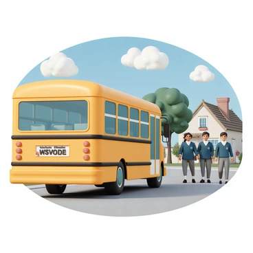 A British school bus, painted bright yellow with black lettering, is parked on a quaint village lane. The bus has large windows, revealing empty seats inside. The lane is lined with charming stone cottages, each with colorful flower boxes and thatched roofs. A few trees with green leaves provide shade along the road. In the background, students in school uniforms, consisting of navy blazers and grey trousers, are walking towards the bus, smiling and chatting with each other. The sky is blue with fluffy white clouds, adding to the idyllic village atmosphere.