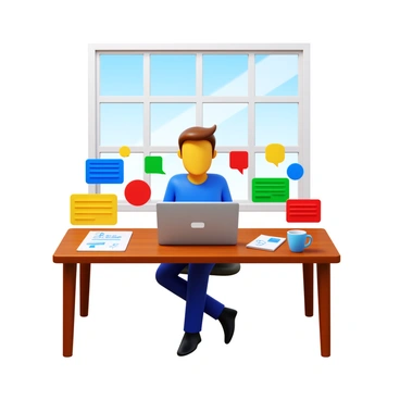 A product owner sitting at a modern wooden desk, surrounded by colorful feature cards in various shapes and sizes. The cards are neatly arranged, showcasing different product features, each with distinct colors like blue, green, red, and yellow. The desk is equipped with a laptop open to a project management tool, a notepad filled with sketches, and a coffee mug. A window in the background allows natural light to fill the room, highlighting the vibrant colors of the cards.