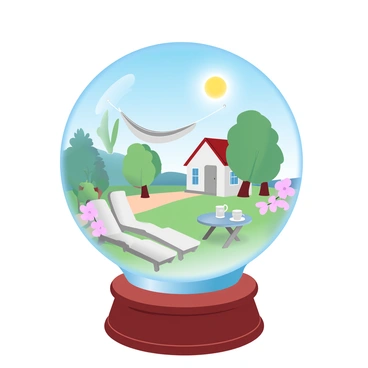 A crystal ball sits on a polished wooden table. Inside the crystal ball, a vision depicts a peaceful scene of a cozy cottage surrounded by lush greenery and blooming flowers. A hammock can be seen hanging between two trees, gently swaying in the breeze. In the foreground, a pair of comfortable lounge chairs are positioned near a small patio with a table set for tea. A bright sun is shining in a clear blue sky above the cottage, casting a warm glow on the entire scene.
