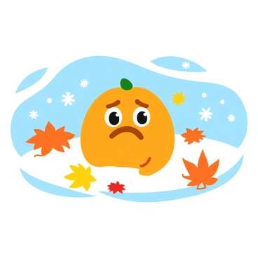 A sad face with large, expressive eyes and a frown is portrayed in the center of the image. The background features a winter scene with gently falling snowflakes, each uniquely shaped and glistening as they descend. Surrounding the sad face, colorful autumn leaves in shades of orange, yellow, and red are scattered, some drifting downwards in the air. The ground is covered with a thin layer of snow, contrasting with the vibrant colors of the leaves, creating a poignant atmosphere.