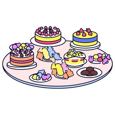 A table covered with various desserts, showcasing a variety of cakes and candies. There are three layered cakes with colorful frosting, one topped with strawberries and another with chocolate shavings. Surrounding the cakes are an assortment of candies, including gummy bears, lollipops, and chocolate truffles. The table has a light-colored tablecloth, and small plates are arranged for serving the sweets. Bright colors dominate the scene, highlighting the sugary treats.