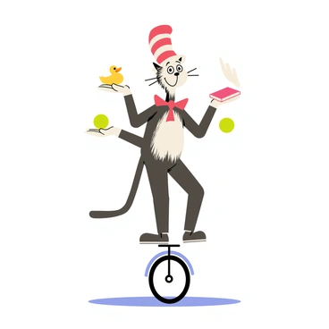 "The Cat in the Hat" is depicted balancing skillfully on a unicycle. He has a tall, red and white striped hat atop his head and a mischievous grin on his face. In each hand, he is juggling a colorful array of objects, including a bright yellow rubber duck, a green ball, and a red book. The unicycle features a shiny silver wheel, and the ground below is a light blue color, emphasizing the whimsical nature of the scene.