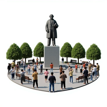 A large concrete statue depicting a historical figure, standing prominently in the center of a public square. The statue has intricate details, showcasing the figure in a dignified pose. Surrounding the statue, a diverse group of people are taking photos, some with smartphones held high and others posing in front of the statue. The background features benches and trees, creating a lively atmosphere as people interact with one another. Bright sunlight casts shadows, highlighting the textures of the concrete and the expressions of the visitors.