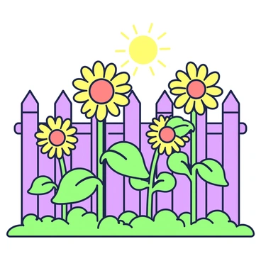 A row of tall sunflowers is growing alongside a wooden backyard fence. The sunflowers have large, round yellow faces turned towards the sunlight. The stems are sturdy and green, with vibrant leaves that extend outward. The wooden fence is weathered, displaying a rustic charm, and it frames the sunflowers beautifully. The sunlight casts soft shadows on the ground, creating a warm atmosphere in the garden setting.