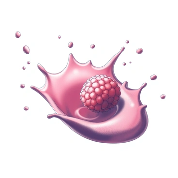 A dynamic splash of raspberry juice is captured in mid-air, forming droplets that scatter outward. The juice exhibits a vivid, rich appearance, with a glossy sheen that reflects light. In the background, a stark white surface enhances the vibrant scene, emphasizing the contrasting textures and forms of the juice as it splatters dramatically. The image conveys a sense of motion and vitality, showcasing the freshness of the raspberries.