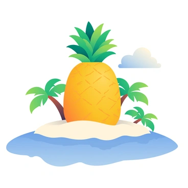 A small tropical island with a giant pineapple growing at its center