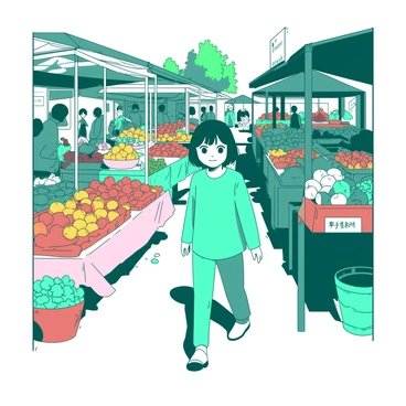 A teal girl named Kanako is walking through a bustling market filled with colorful stalls. Each stall is adorned with an array of fresh fruits and vegetables, displaying a rich variety of shapes and sizes. Kanako is wearing a bright outfit and has a curious expression as she examines the produce. The sunlight casts shadows on the ground, adding depth to the scene. Nearby, a vendor is arranging oranges and apples, while another stall features lush green leafy vegetables. The atmosphere is lively, with other market-goers interacting and enjoying the vibrant surroundings.