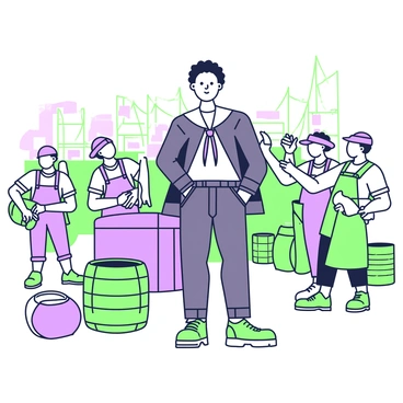 A runaway slave is disguised as a sailor, standing among a group of dock workers. He is wearing a worn sailor's outfit that includes a dark jacket and trousers. His hair is slightly tousled, and he has a determined expression on his face. Surrounding him are several dock workers, wearing work clothes and caps, engaged in various tasks. Some hold ropes and crates, while others are focused on tying knots or checking cargo. The setting is busy, with ships docked in the background, and there are barrels and crates scattered around the area. The sky is clear, and the atmosphere is bustling with movement and activity.