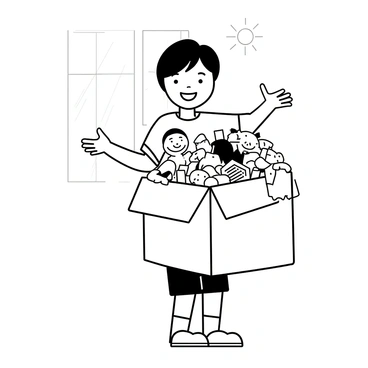 A child with short hair is smiling while holding a large box filled with various gently used toys. The box is overflowing with colorful stuffed animals, action figures, and building blocks. The child is wearing a bright t-shirt and shorts, standing in a room with a warm atmosphere. Sunlight is streaming in through a window, illuminating the scene. The child's hands are outstretched as they present the box, conveying a sense of joy and generosity.