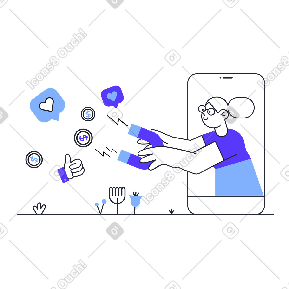 Girl in a phone magnetises likes and coins illustration Pablita style download PNG, SVG