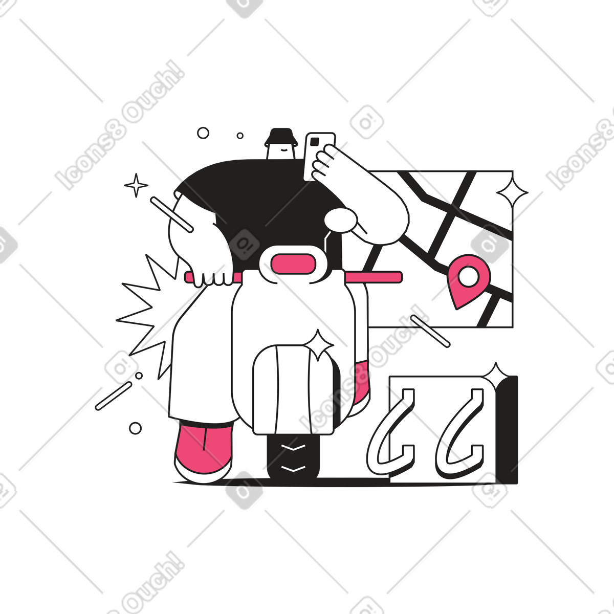 Ilustración Hombre en scooter mirando el mapa teléfono estilo Dazzle Line a descargar PNG y SVG