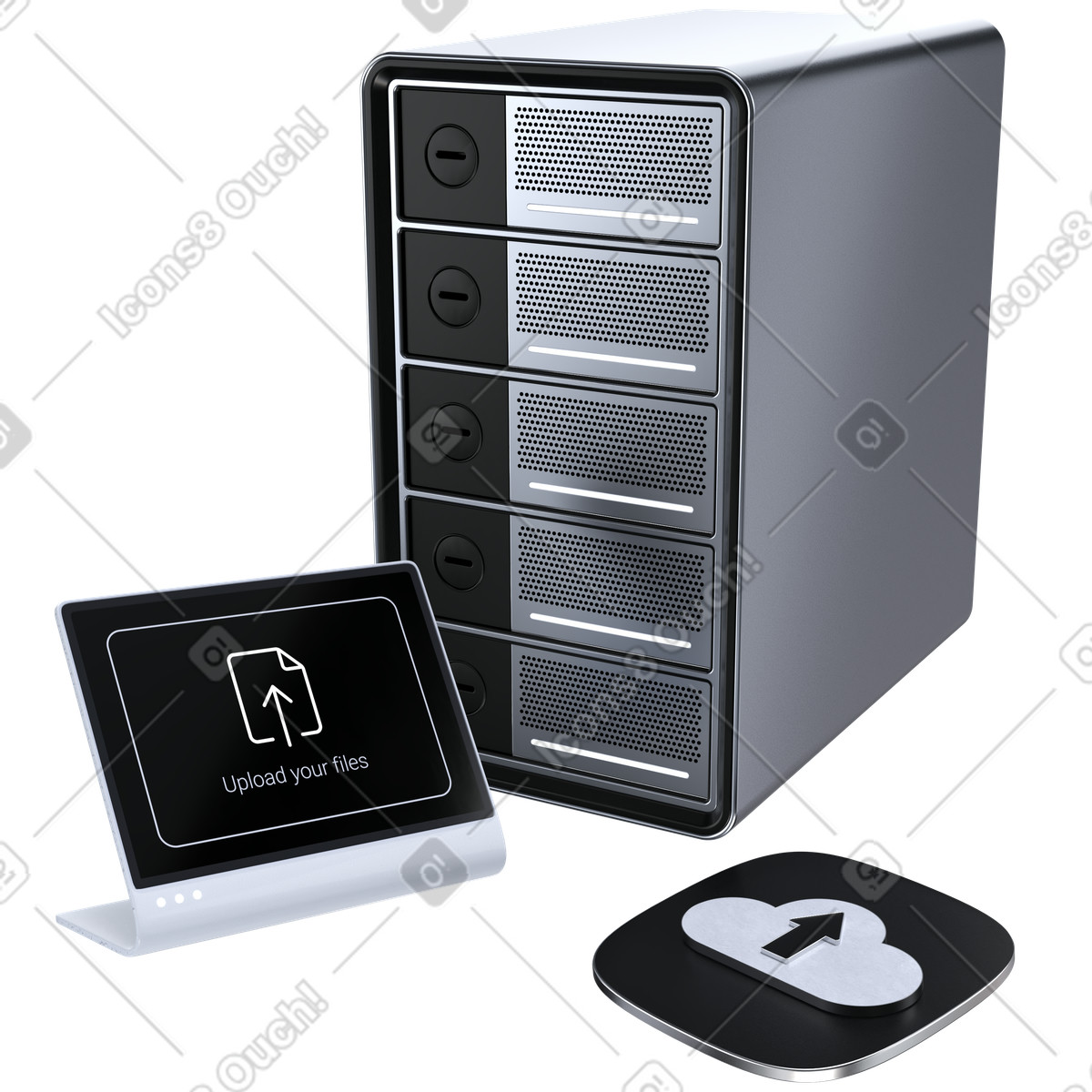 Pulsante di caricamento cloud e monitor con server, trasferimento file archiviazione illustrazione in stile 3D Pro scarica in PNG, SVG