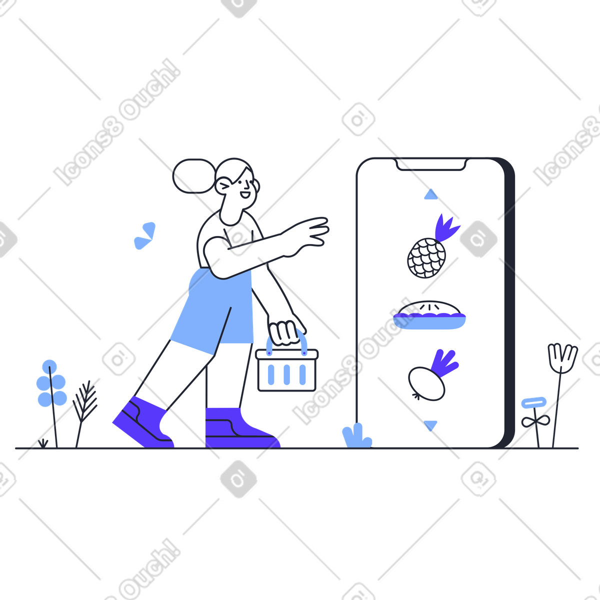 下载 Pablita 风格的 提着篮子的女孩从手机里拿食物 插画，支持 PNG、SVG 格式