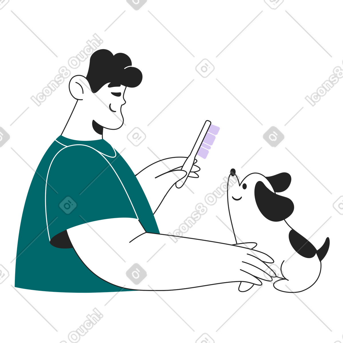 Smiling person grooming small dog, pet care routine scene illustration in Sammy Line style download in PNG, SVG